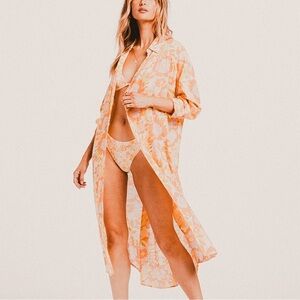 Billabong Midi Button Front Collared Floral Shirt Swim cover up kimono Large